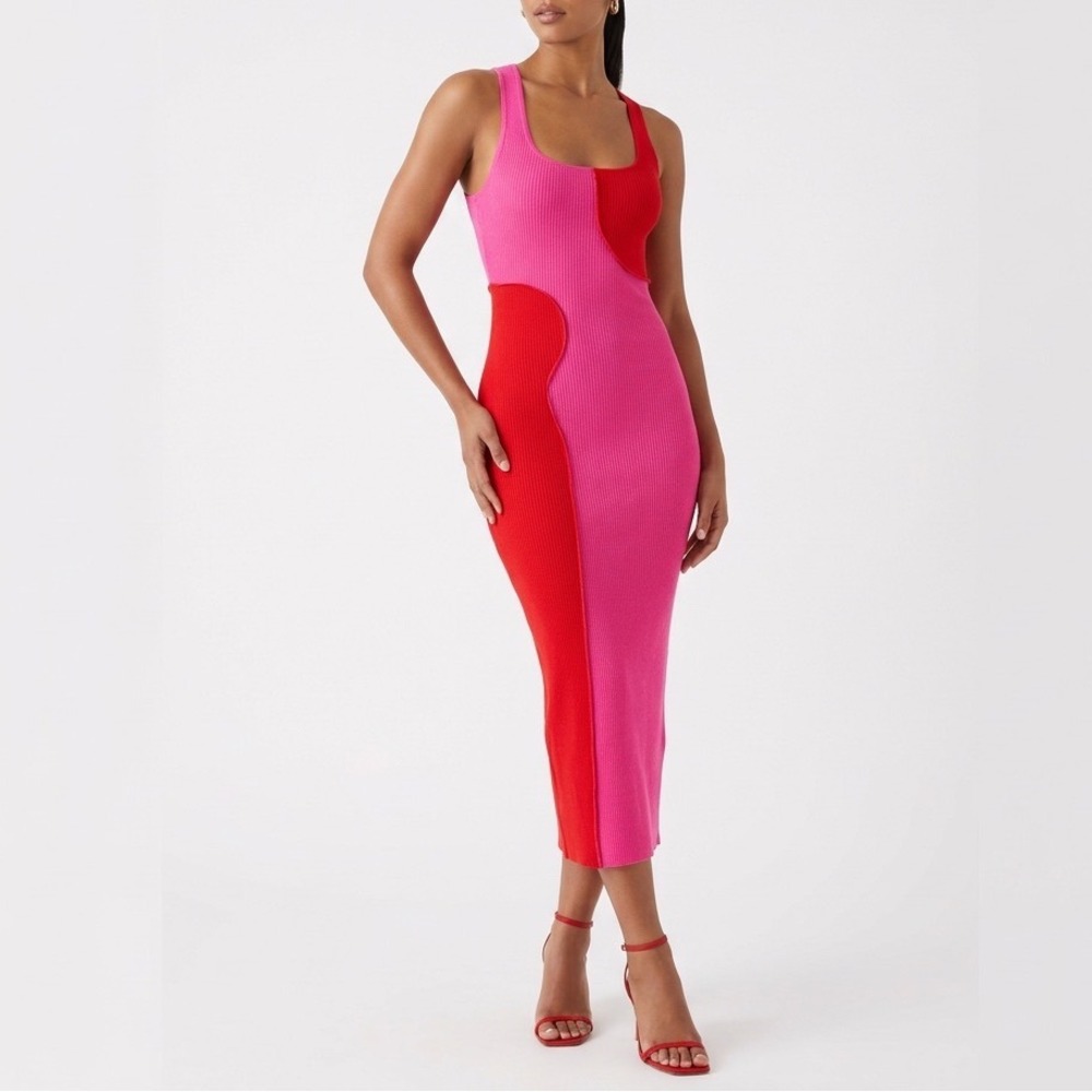 Naked Wardrobe Pink Red Colorblock Ribbed Bodycon Midi Dress Large